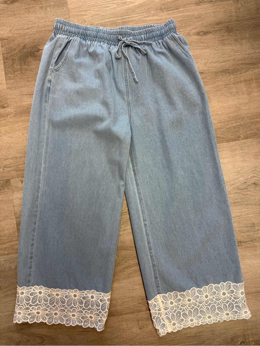 BiBi Light Blue Cropped Wide-Leg Jeans with White Lace Trim